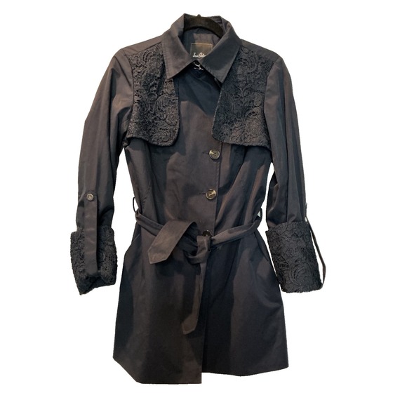 Sam Edelman Trench Coat Womens Small Belted Single Breasted Navy Crochet - Picture 2 of 5
